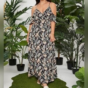 EUC Shein Curve 4XL Black Tropical Print Wrap Dress with Off-Shoilder Ruffles